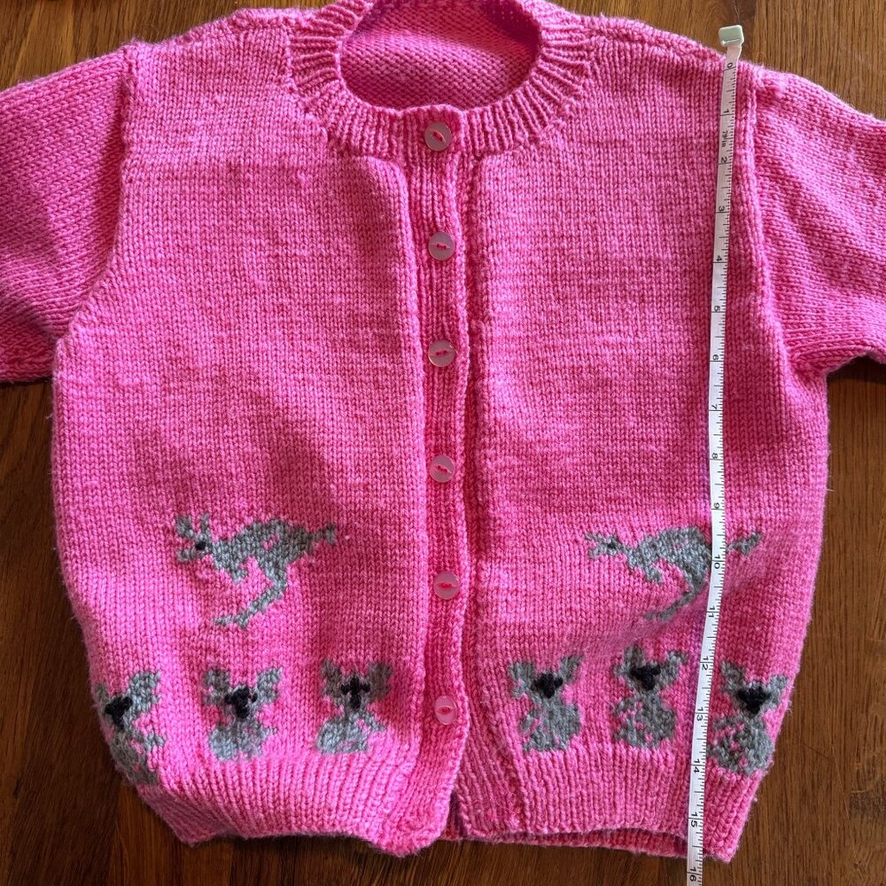 HAND KNIT Kangaroo Koala Cardigan Girls 6 Pink Sweater Australian Animals Girl - Picture 5 of 6